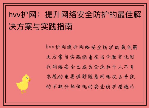 hvv护网：提升网络安全防护的最佳解决方案与实践指南